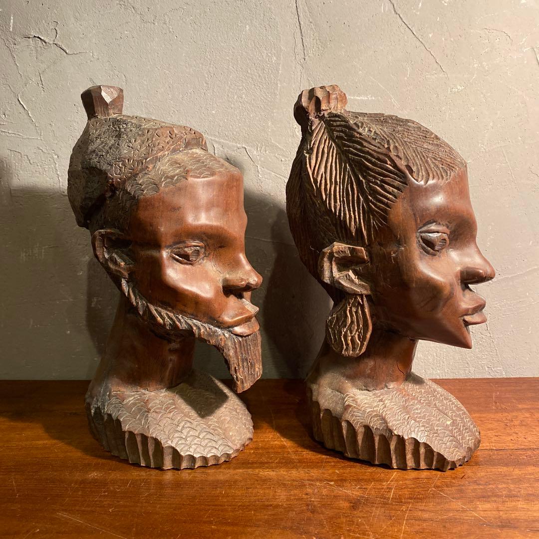 ヴィンテージ アフリカ木彫オブジェ 男女 プリミティブ インテリア置物