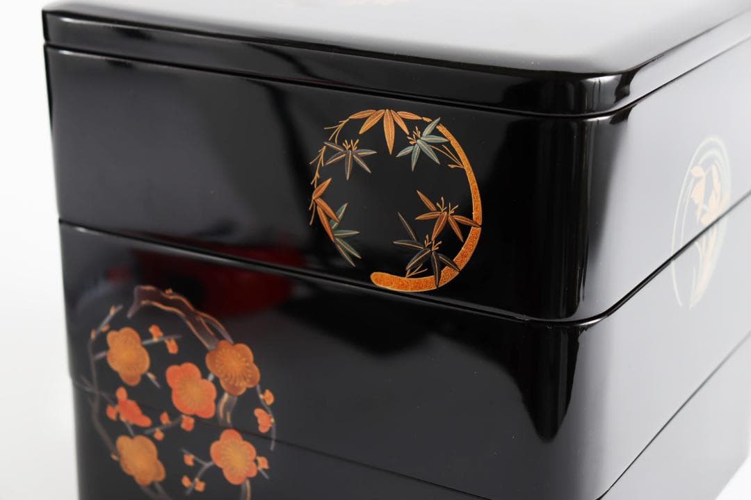 輪島塗 三段重 重箱 花紋 金彩 共箱