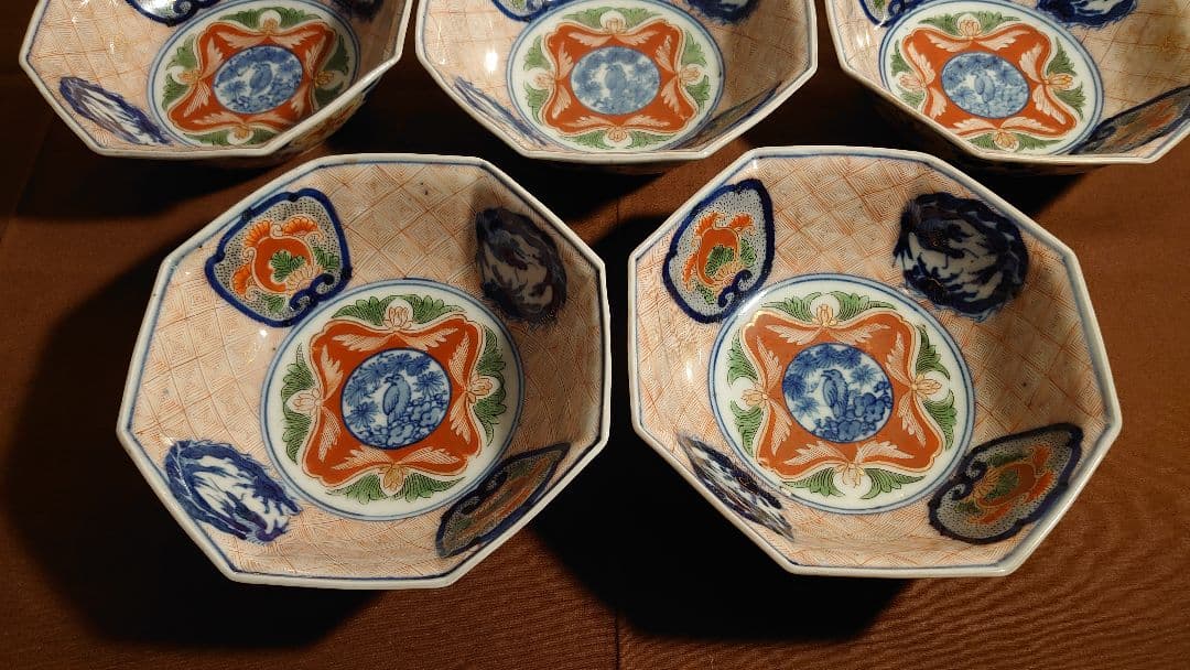 大聖寺伊万里　古伊万里　伊万里　色絵　金襴手　八角鉢　江戸期　蔵出し　５客