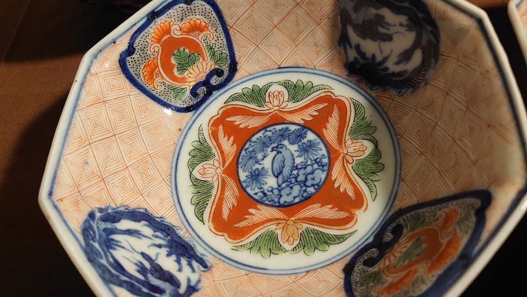 大聖寺伊万里　古伊万里　伊万里　色絵　金襴手　八角鉢　江戸期　蔵出し　５客