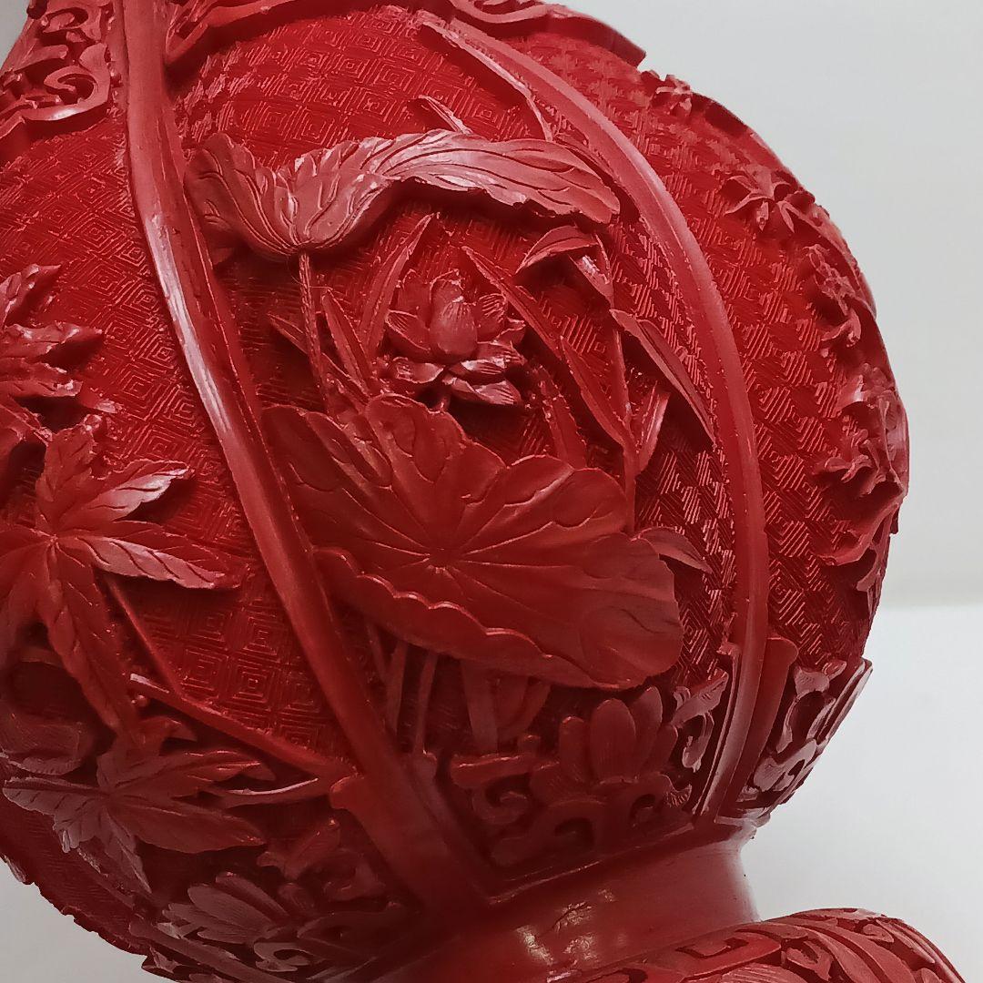 Y2551 中国 堆朱 6面花図 花瓶 高さ31.5㎝