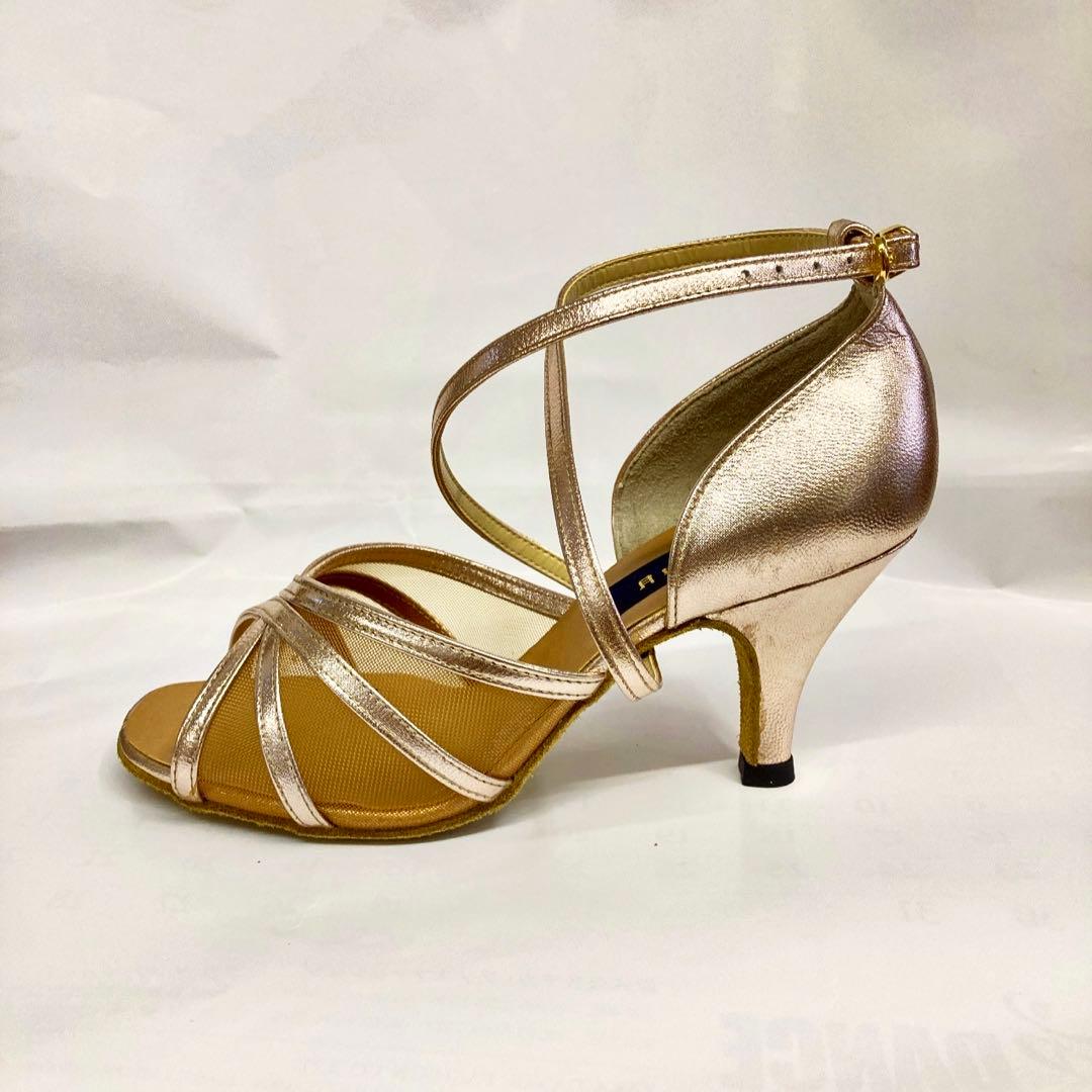 新品　社交ダンスシューズ　22.5㎝　ヒール7㎝　サーモン　チュール　月ノ舟