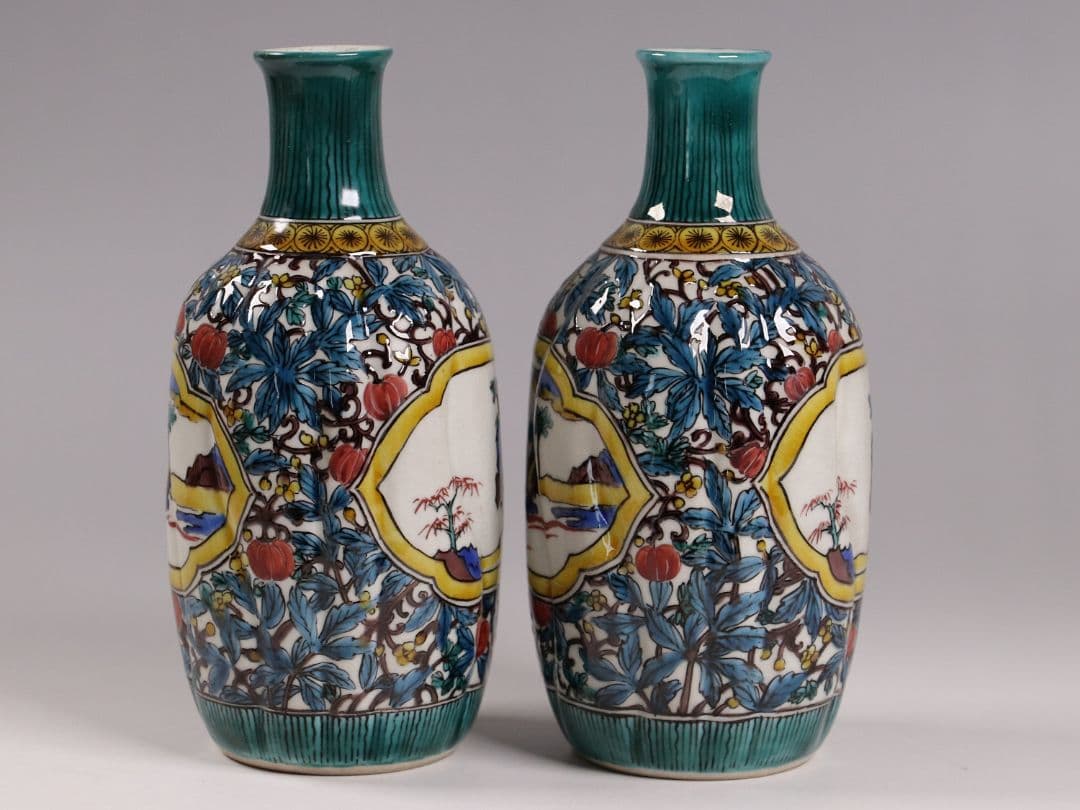 M681/ 初代 徳田八十吉 九谷焼 山水 徳利一対 共箱共布 二代徳利付 酒器