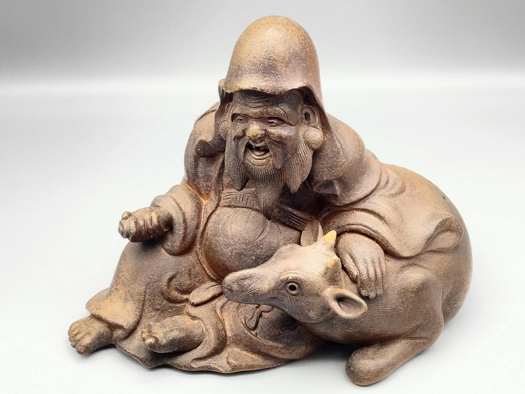 備前焼 古備前 備前国伊部村・木村盛治清近作 牛と寿老人 香炉仕立