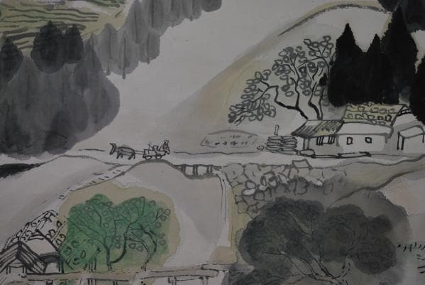 真作/遠山唯一/山村風景図/桐極箱付/布袋屋掛軸A-825/