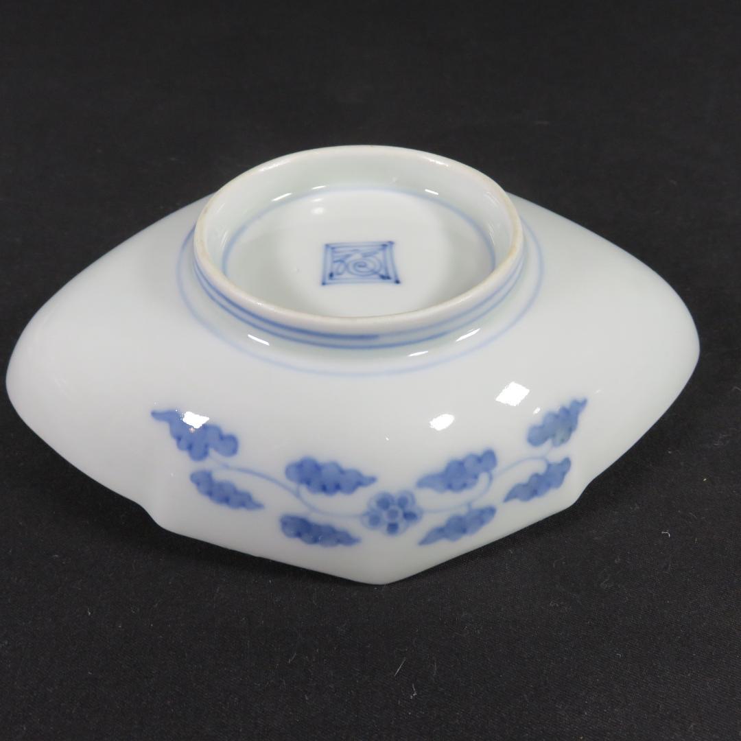 皿 向付 4客 染付 変形 渦福 山水 風景 唐草