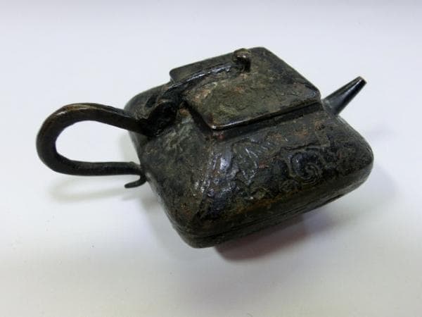 水滴■古銅製時代物 後手急須型 書道道具 急須型水差し 中国古美術 骨董品■