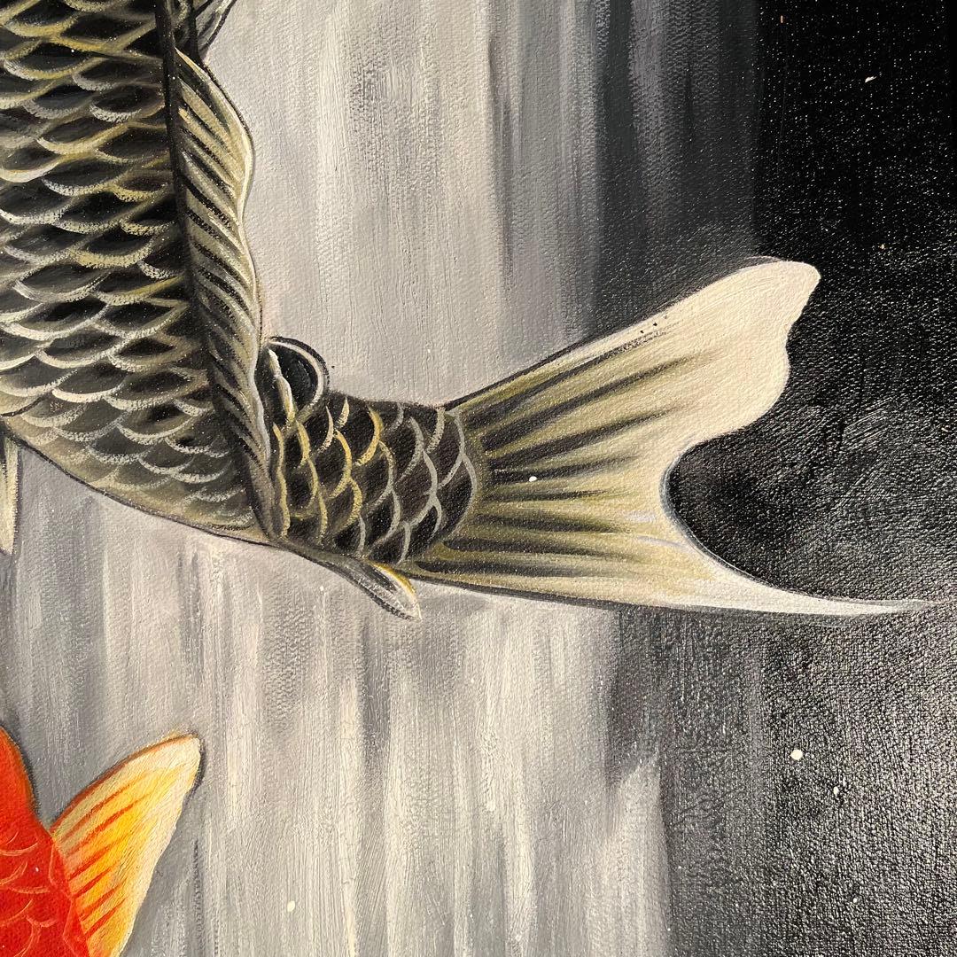 手書き油絵 鯉の滝登り 額付き 肉筆絵画 インテリア 油彩画