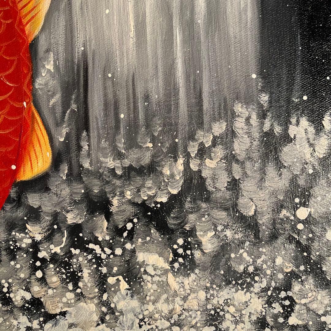 手書き油絵 鯉の滝登り 額付き 肉筆絵画 インテリア 油彩画