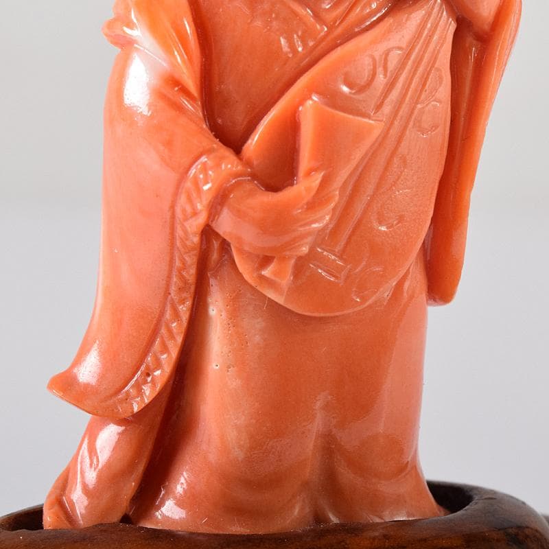 中国　赤珊瑚彫刻　サンゴ　弁財天像　七福神　置物　唐木台付　G　8383