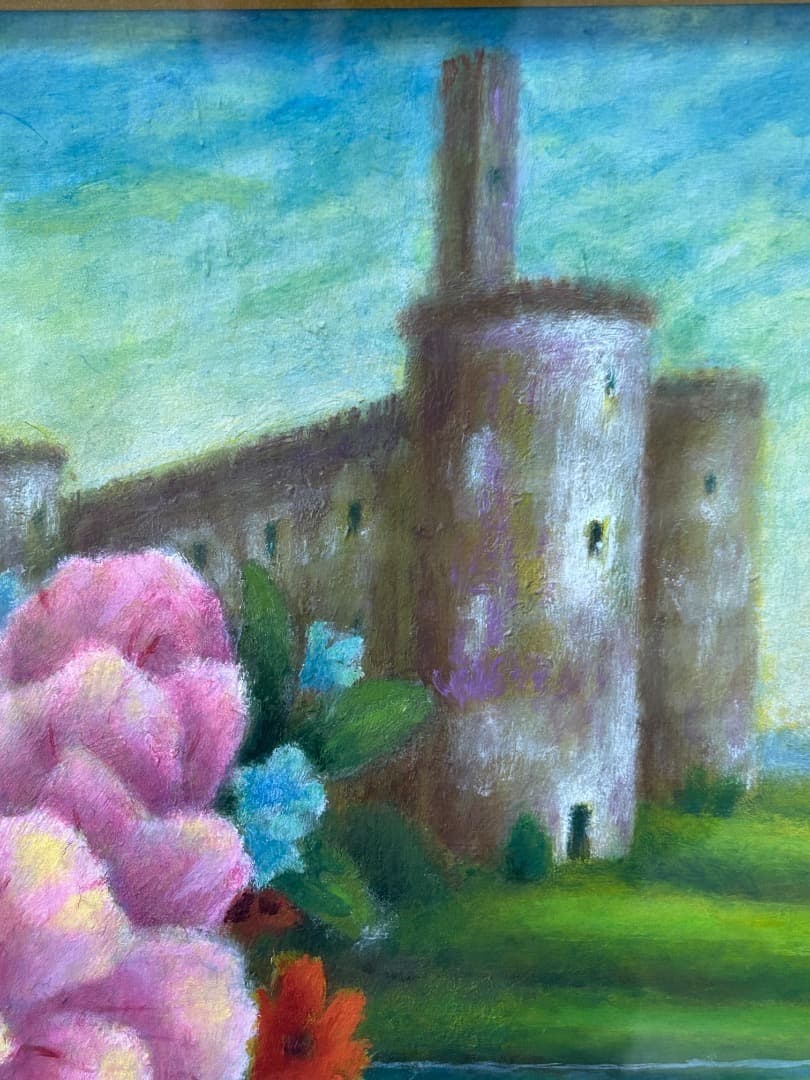 立松富雄作『花とシャトー (皐月)』(油彩)