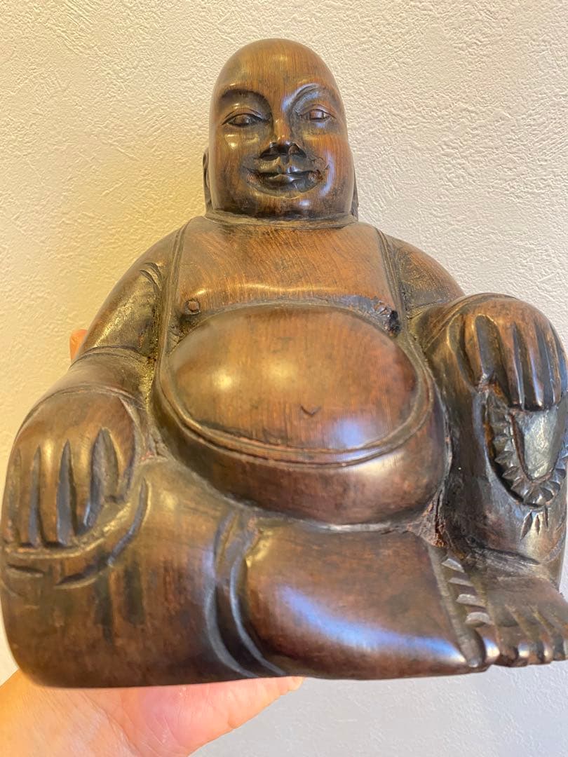 紫檀、黑檀彫刻布袋座佛像、高さ22cm重さ1799g