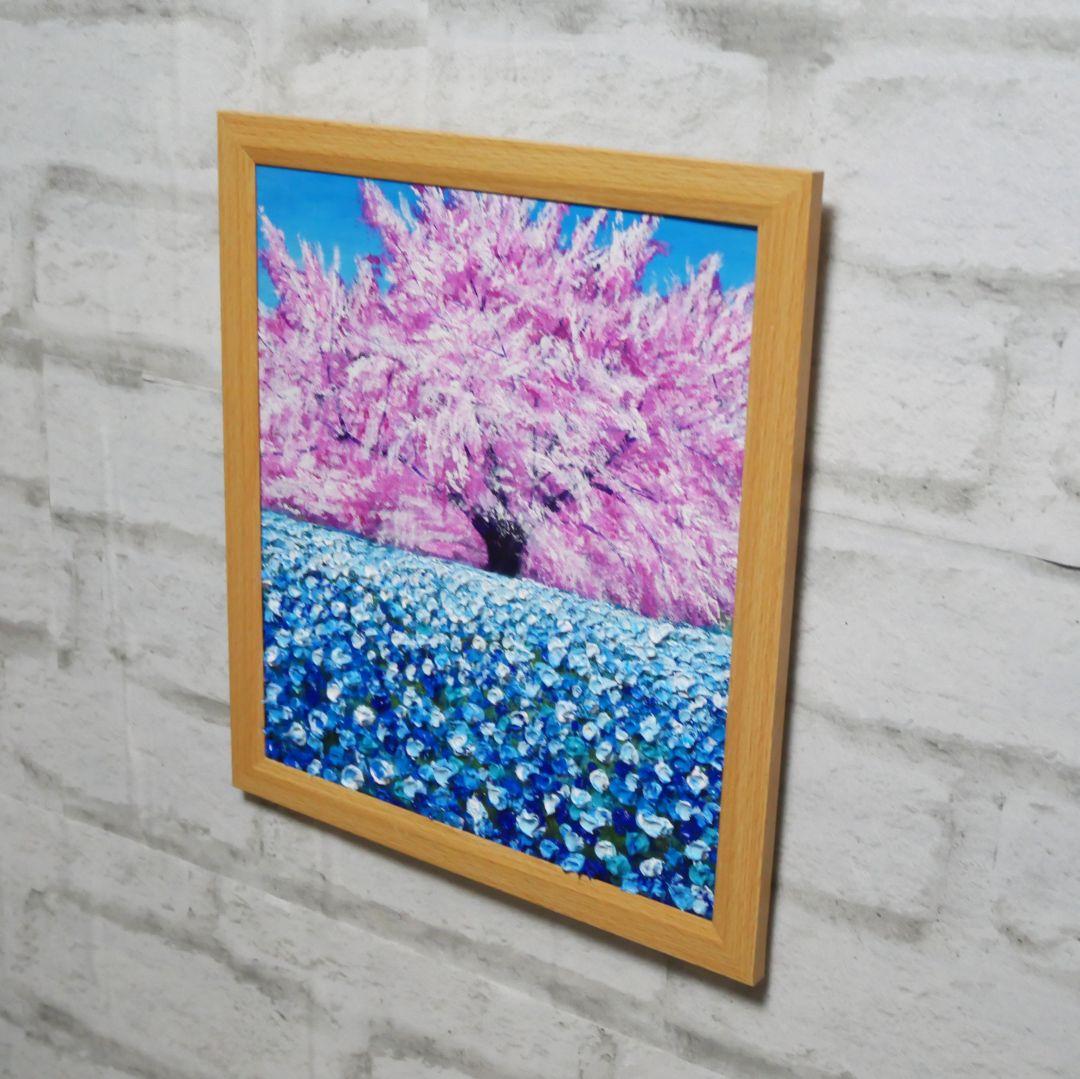 油絵 油彩 油彩画 絵 絵画【桜とネモフィラ】