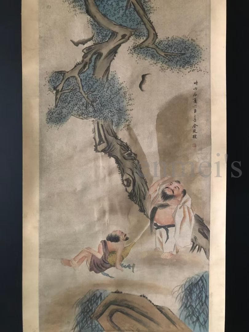 中国古美術・字画三尺中堂人物掛軸・水墨画・金廷標印款・書道・宣紙・純手描き・肉筆