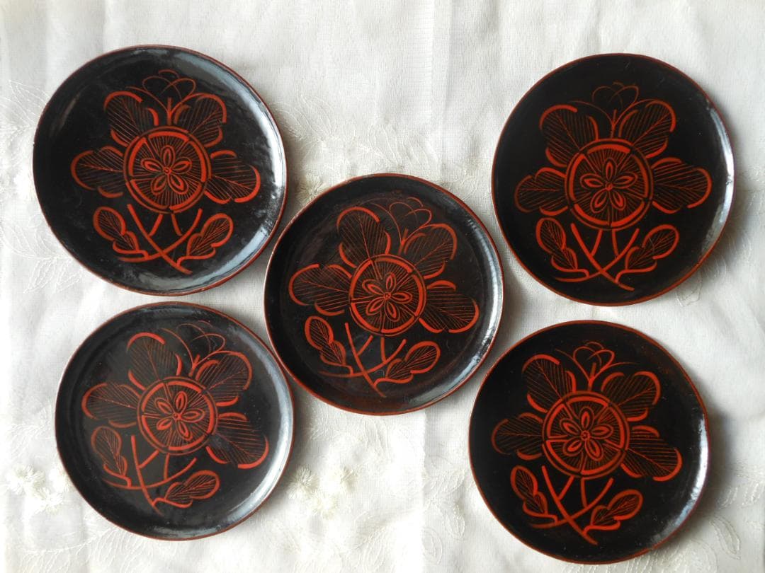 芙蓉の花　菓子皿　取り皿　銘々皿　五枚　天然木　アンティーク