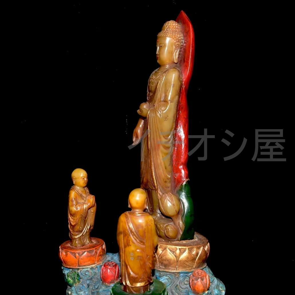 中国古美術 寿山田黄石彫 尚均銘《一佛兩弟子》印章 共箱 極細工 時代物 置物