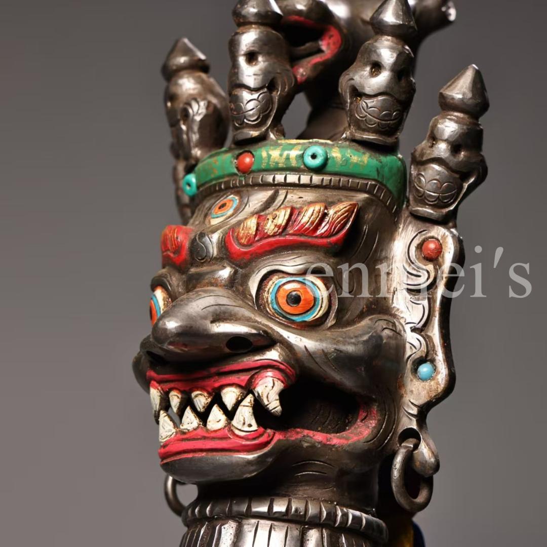 中国古美術・蔵伝工芸・寒鉄彩絵金剛降魔杵・手工錾刻・文房置物・鎮宅辟邪・風水法具