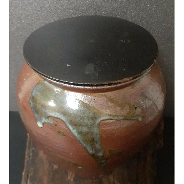 江戸時代中期頃　古丹波　流れ釉　茶壺　黒漆時代蓋付　大壺　花入れ