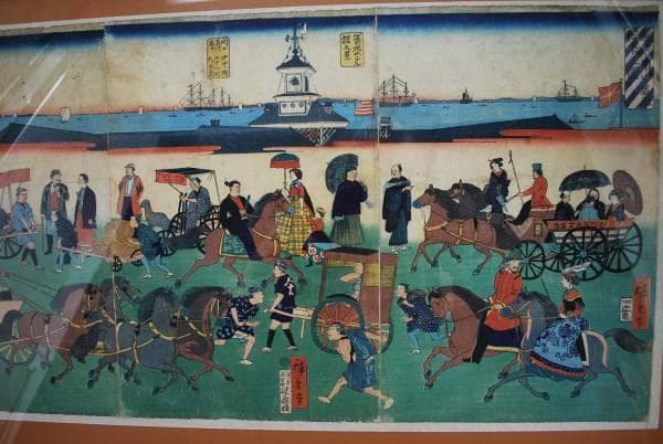 三代廣重/東京市中馬車往来之図/版画横額/築地ホテル/掛軸☆宝船☆L-526　J