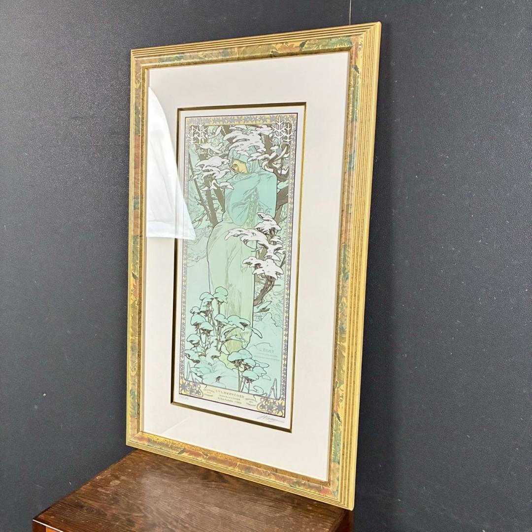 美品 アルフォンス・ミュシャ「四季・冬」リトグラフ 摺師サイン入り お洒落額装