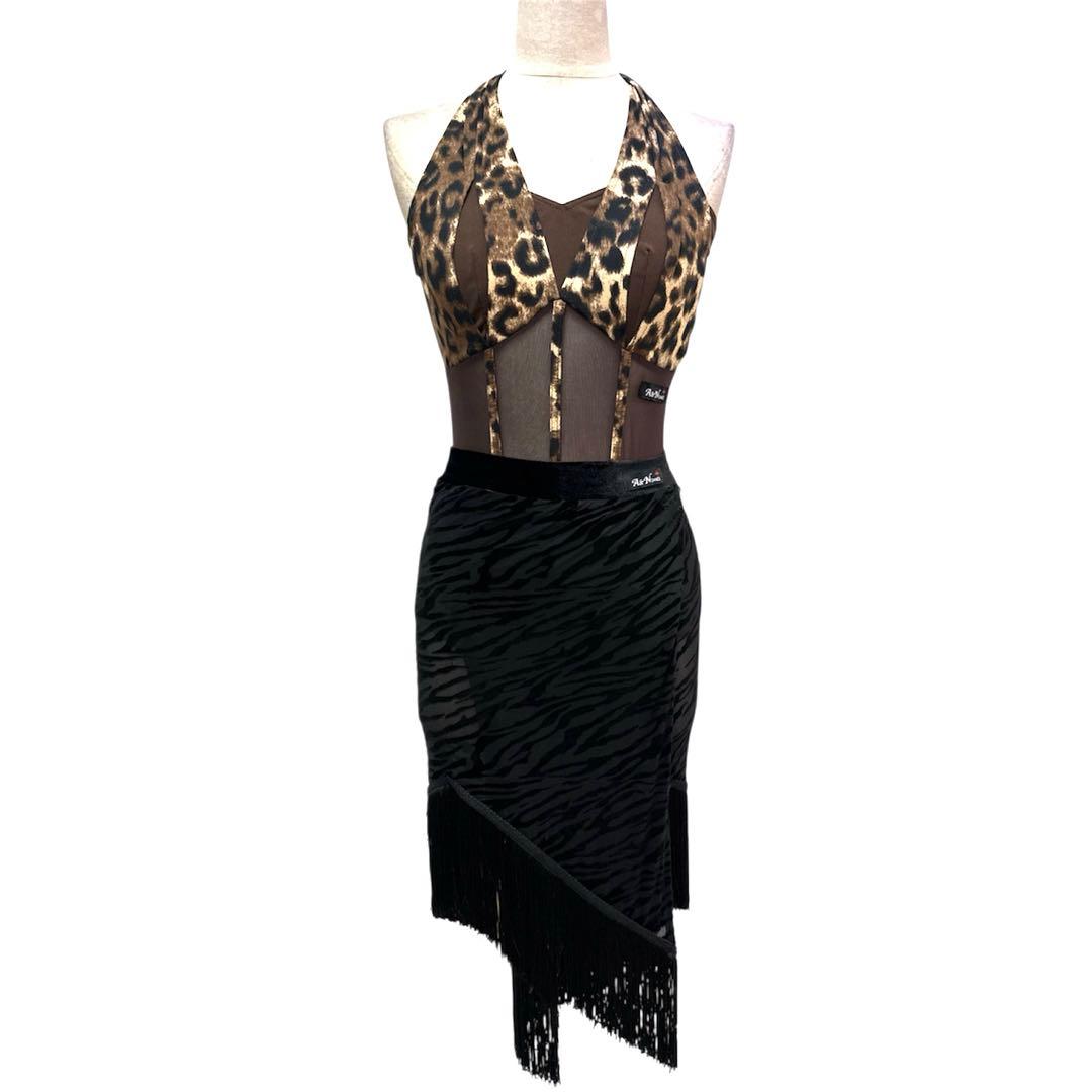 Y5768★S 茶色 黒 アニマル柄 フリンジ ラテンドレス 社交ダンス