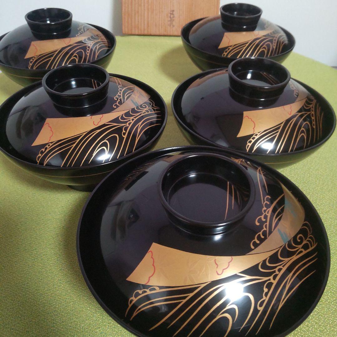 輪島塗 蓋付 椀 吸飲椀 波 鳥 金彩 蒔絵 松 黒 漆塗り 木箱付