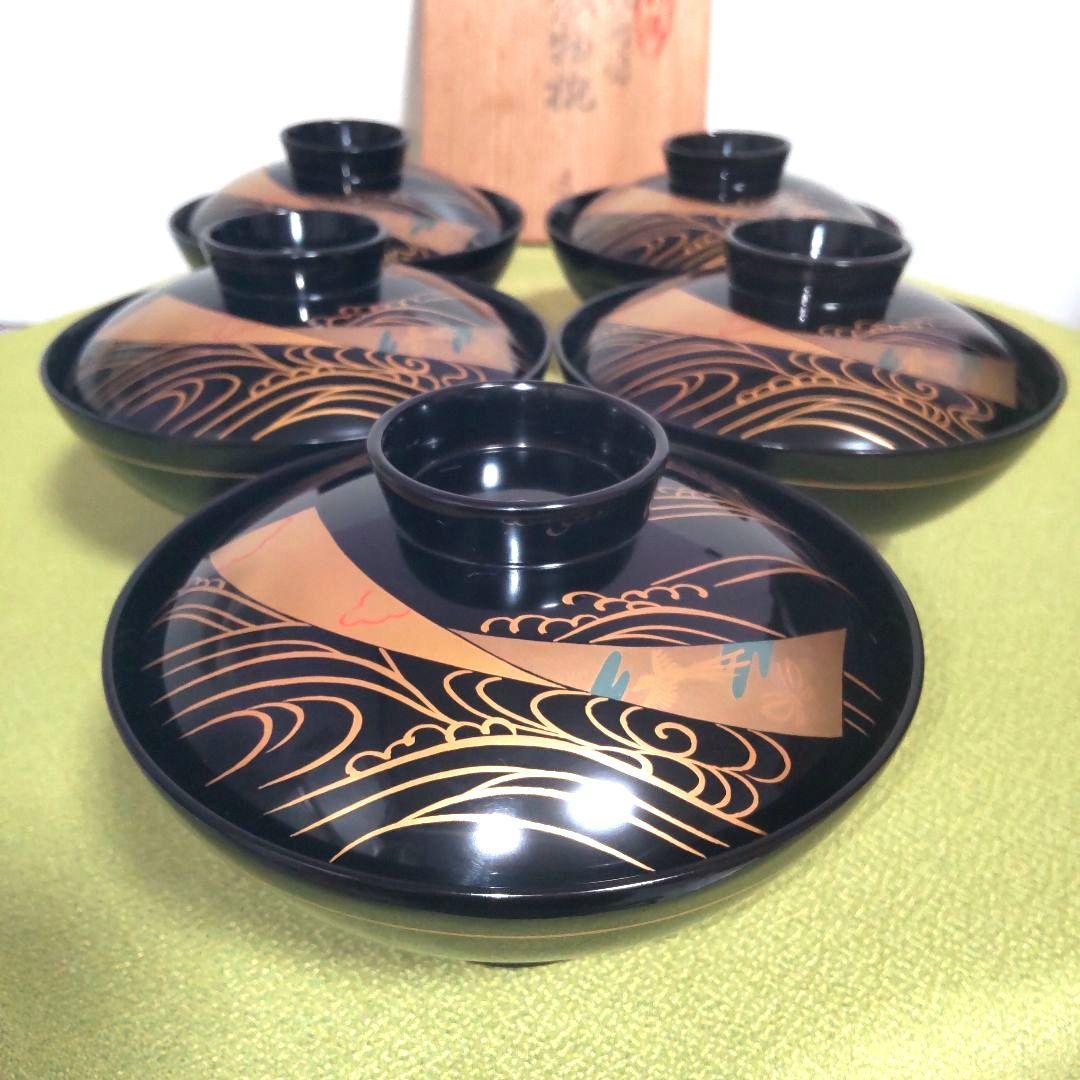 輪島塗 蓋付 椀 吸飲椀 波 鳥 金彩 蒔絵 松 黒 漆塗り 木箱付