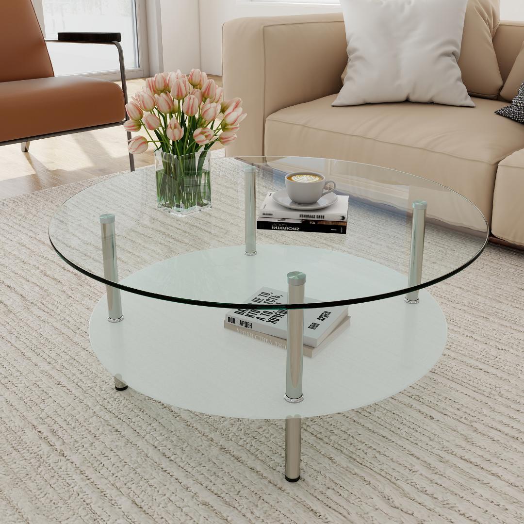 二段ラウンドコーヒーテーブル ホワイト 北欧モダン 収納棚付き 80cm