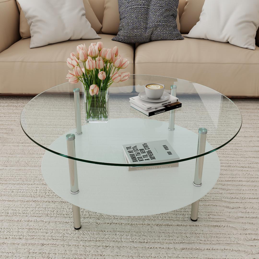 二段ラウンドコーヒーテーブル ホワイト 北欧モダン 収納棚付き 80cm