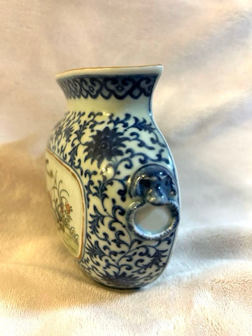 大清道光年製 手描 粉彩 牡丹双鳥図 壁瓶（壁掛け花瓶）中国古美術 希少 古玩