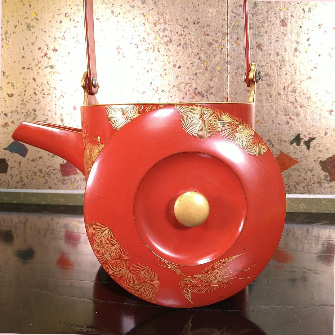 AA332 湯桶 輪島塗朱漆沈金蒔絵鶴松めでた図茶道具茶懐石