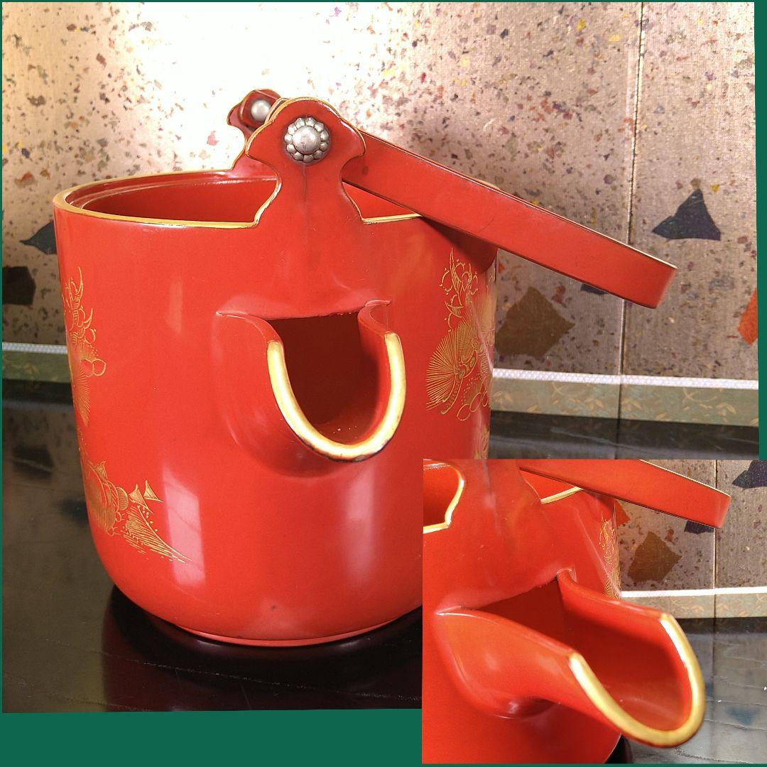 AA332 湯桶 輪島塗朱漆沈金蒔絵鶴松めでた図茶道具茶懐石