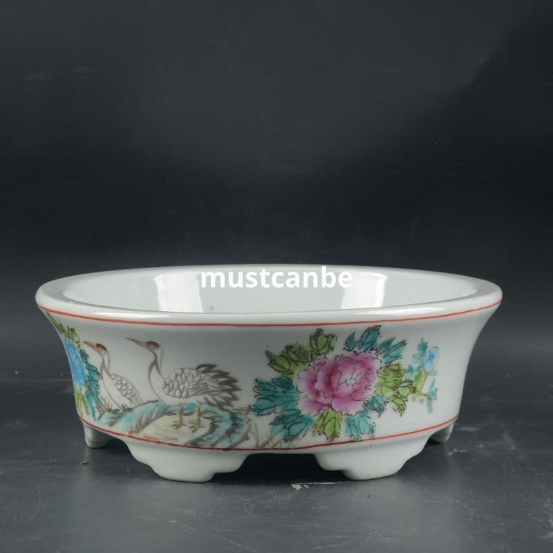 景徳鎮 磁器 手描きパステル彩鶴花鳥水仙鉢 大盆栽 小盆栽 工芸品 置物