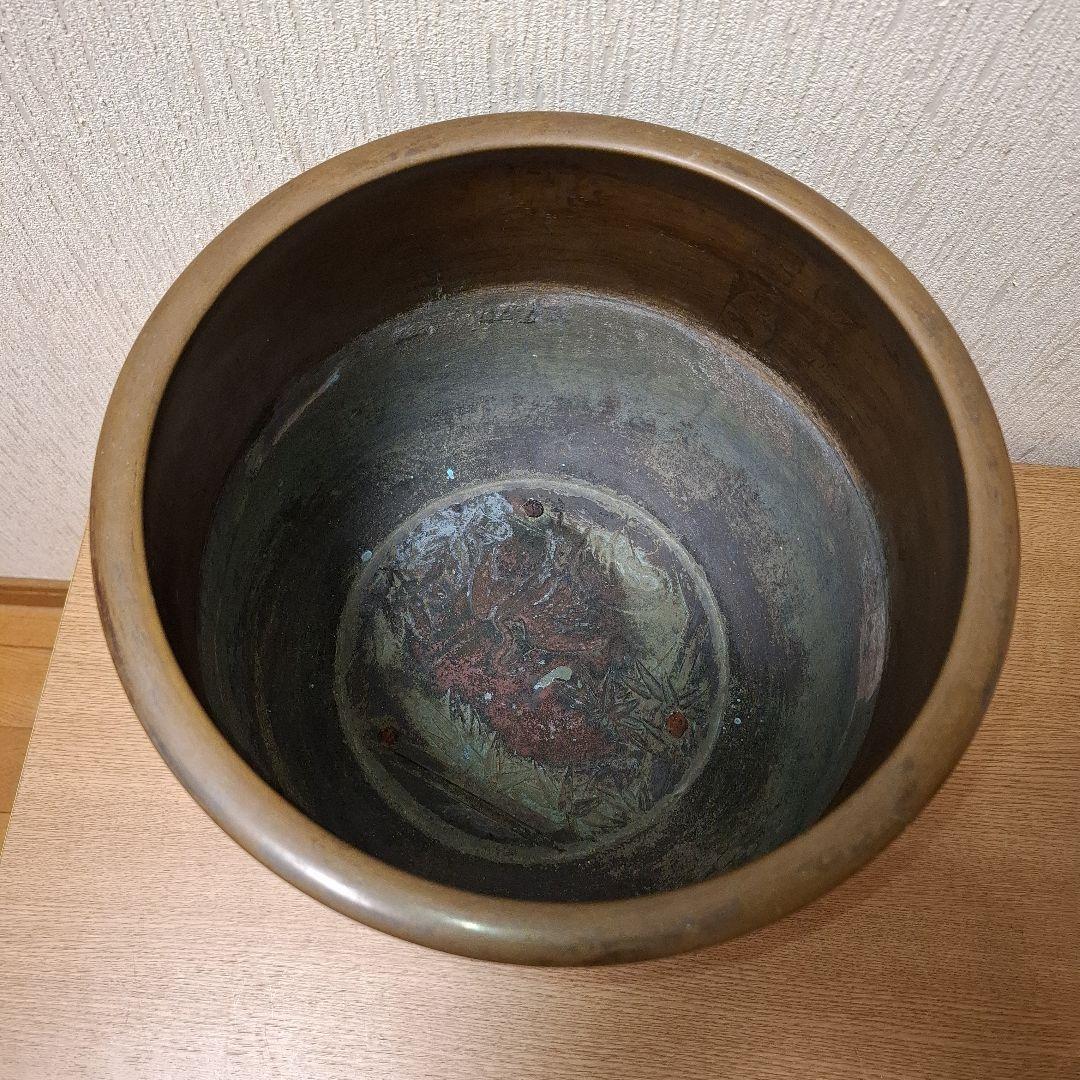 唐銅製　脚付火鉢　木製台付き　　骨董　茶道具　アンティーク　古民具