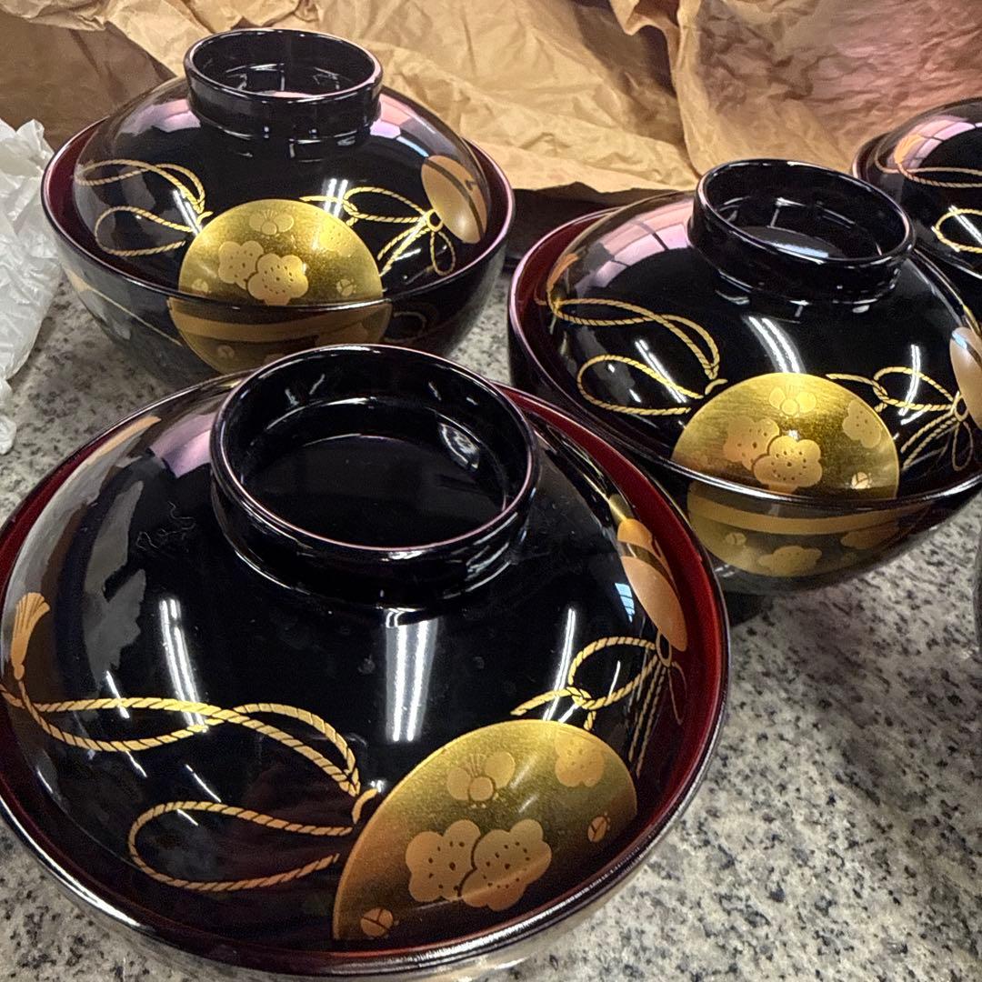 会津塗 金彩蒔絵桜鈴文様 蓋付きお吸物椀 雑煮椀 お椀 5客セット 漆器 汁椀
