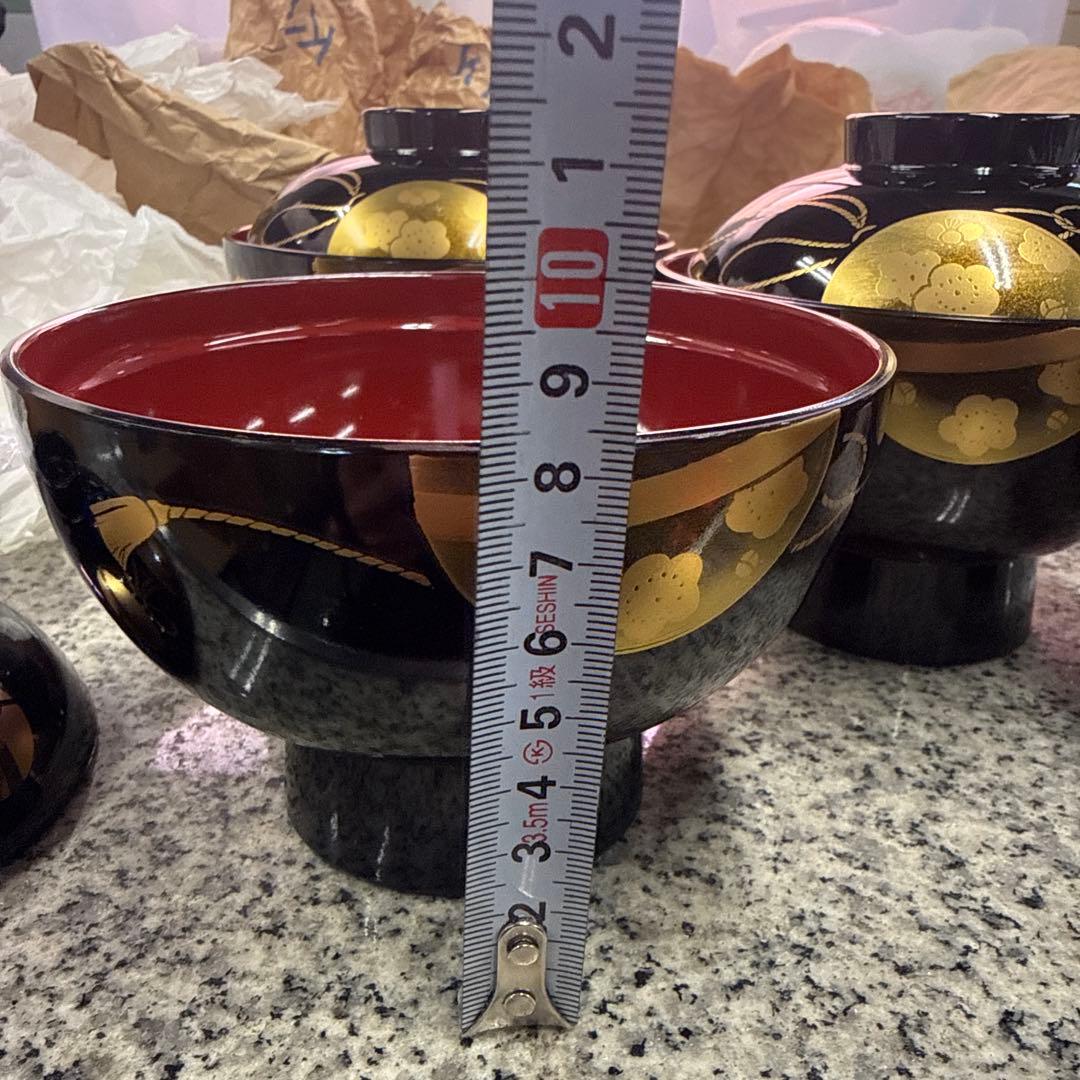 会津塗 金彩蒔絵桜鈴文様 蓋付きお吸物椀 雑煮椀 お椀 5客セット 漆器 汁椀