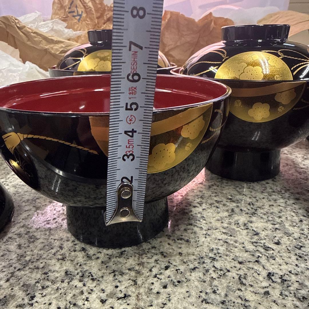 会津塗 金彩蒔絵桜鈴文様 蓋付きお吸物椀 雑煮椀 お椀 5客セット 漆器 汁椀