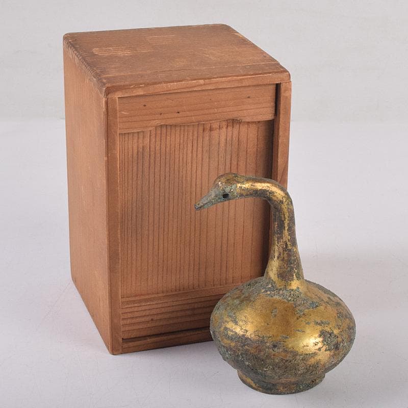 したん　中国　古銅鍍金　鶴形水滴　時代箱付　F　R8857