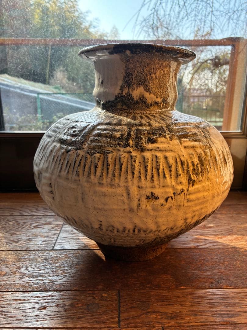 【大迫力】現代作家物 白釉 鉄絵 大壺 花器 34cm 銘あり 壺 陶芸