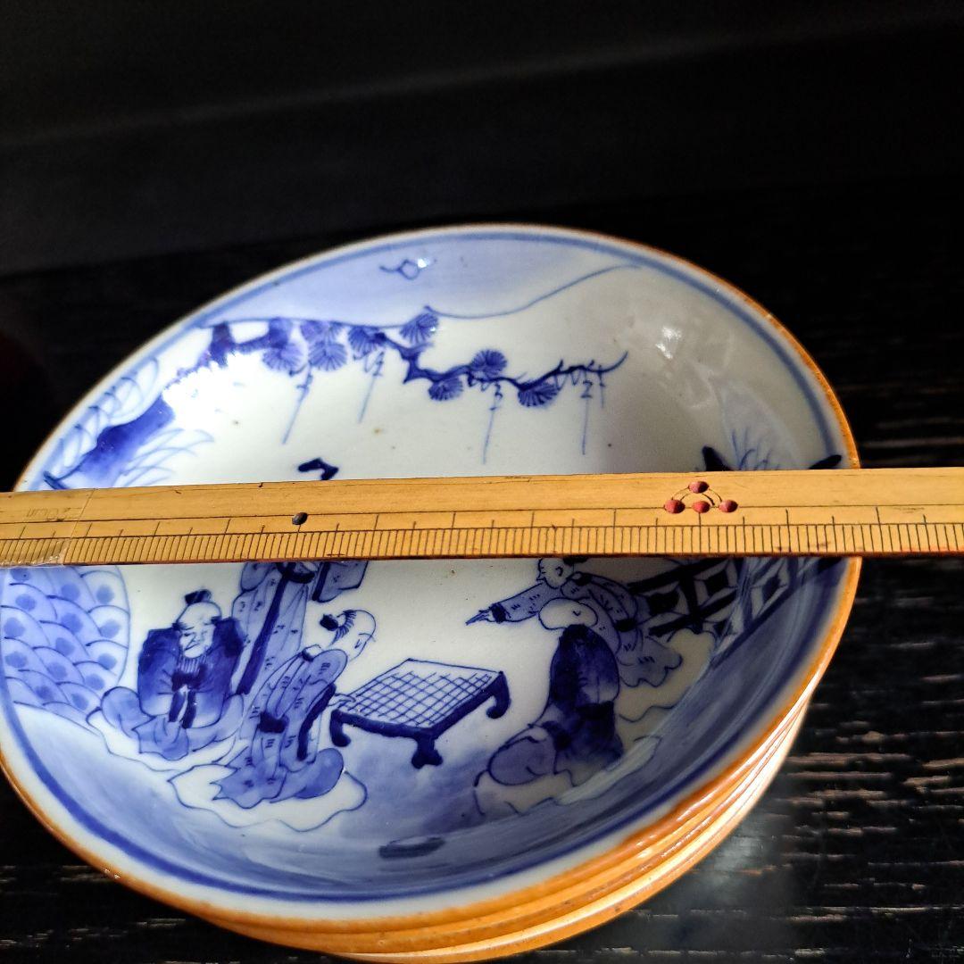 古伊万里　江戸中　 成化年製　小鉢 　人物囲碁図　縁朱 五客揃　極上