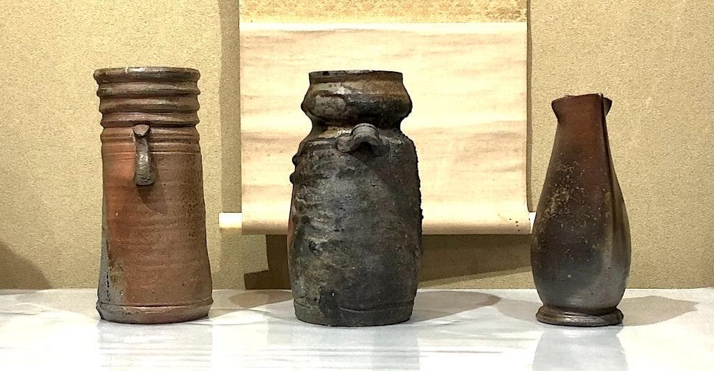 備前花瓶３点　左・木村友敬、中・末石高仙、右・不明、箱無　無傷　在銘　まとめて。