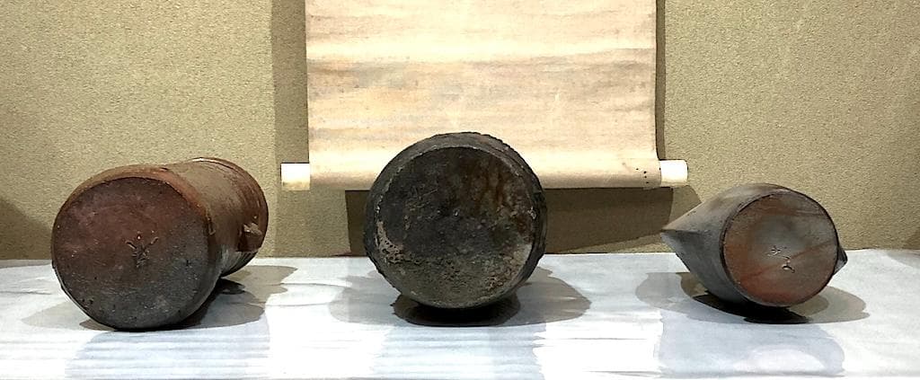 備前花瓶３点　左・木村友敬、中・末石高仙、右・不明、箱無　無傷　在銘　まとめて。