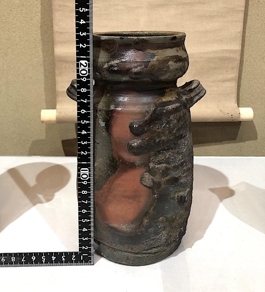 備前花瓶３点　左・木村友敬、中・末石高仙、右・不明、箱無　無傷　在銘　まとめて。