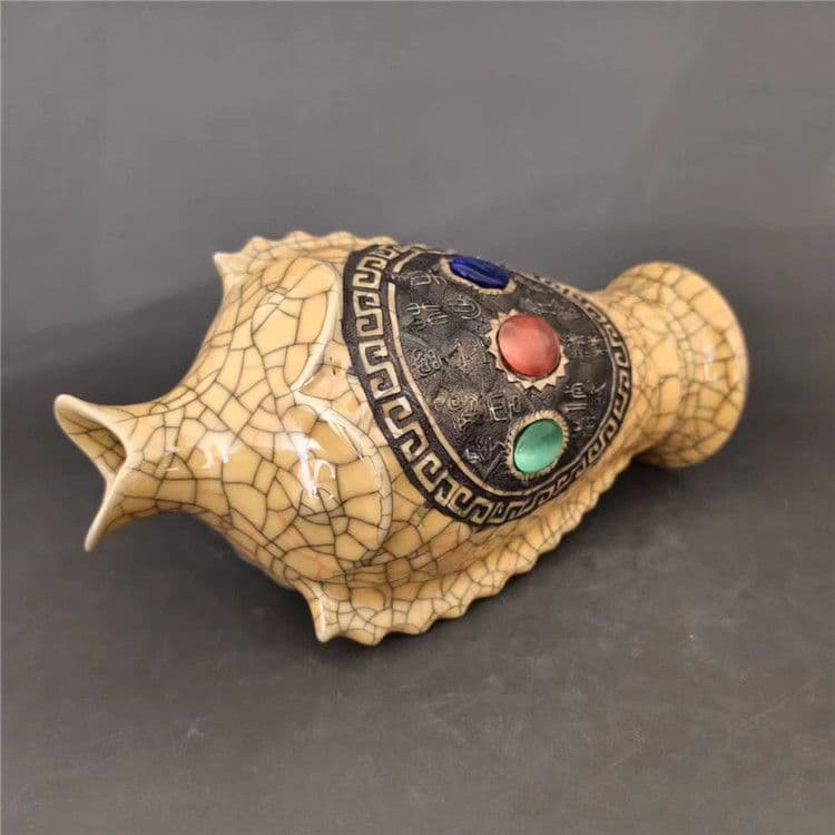 宋代の黄釉金糸開片蒔絵刻字宝石鯉瓶   陶磁器  現代工芸品 美術品 置物