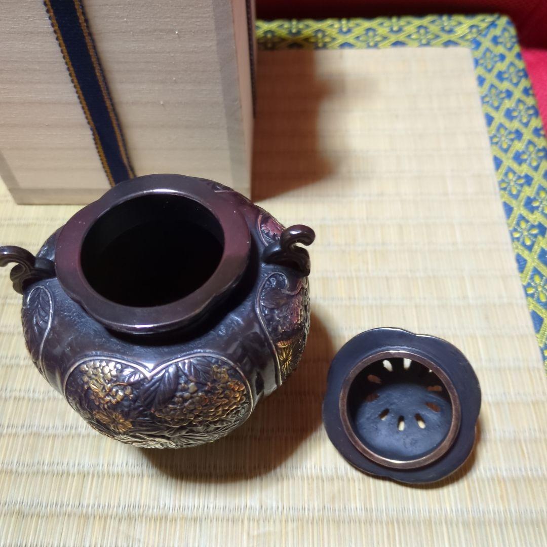高岡銅器 香炉 花彫刻 桐箱付