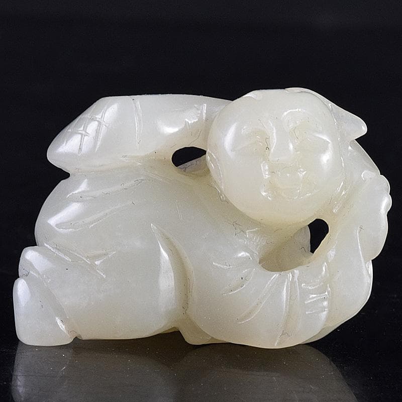中国　玉石白玉彫刻　人物彫　根付　置物　C　7848E