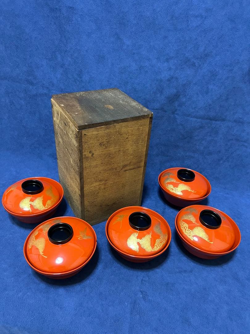 漆器　輪島塗　木製　蒔絵　蓋付椀　汁椀　5客　時代物　在銘稲森　木箱あり