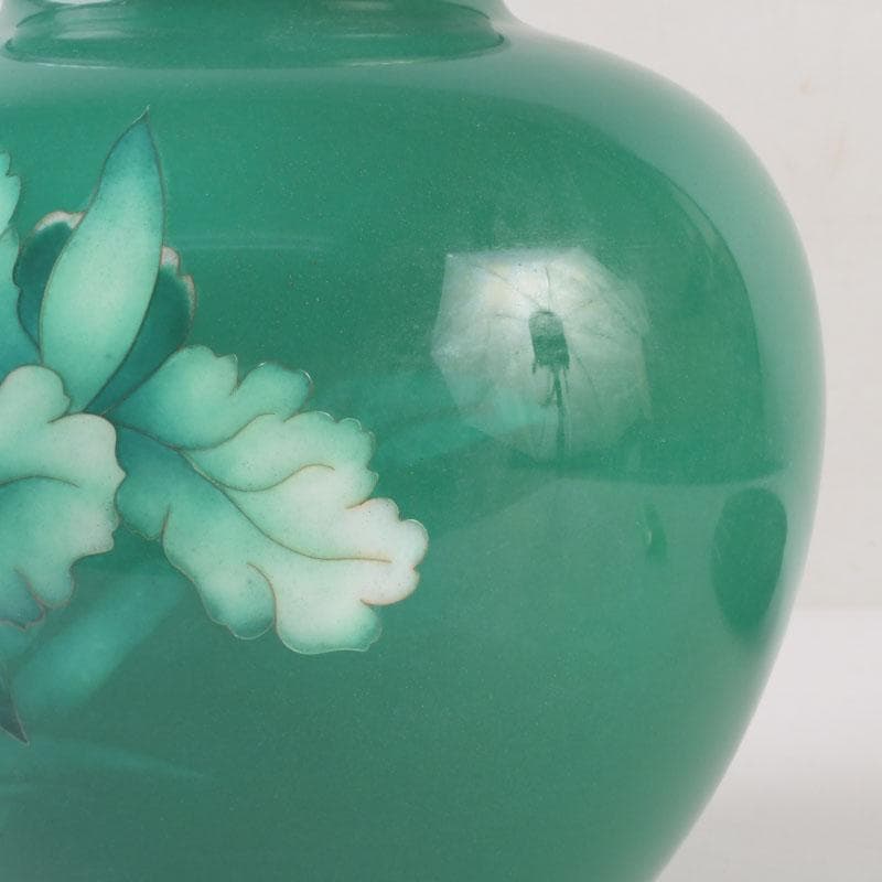 七宝焼　緑釉　花文　花瓶　唐木台付　共箱　V　9833A