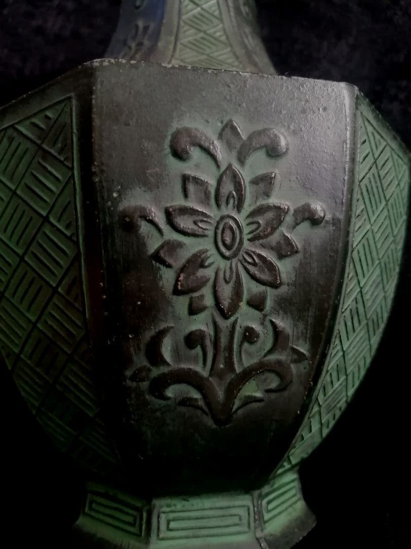 古銅 饕餮紋銅瓶 銅八角花瓶 銅花入　飛州作