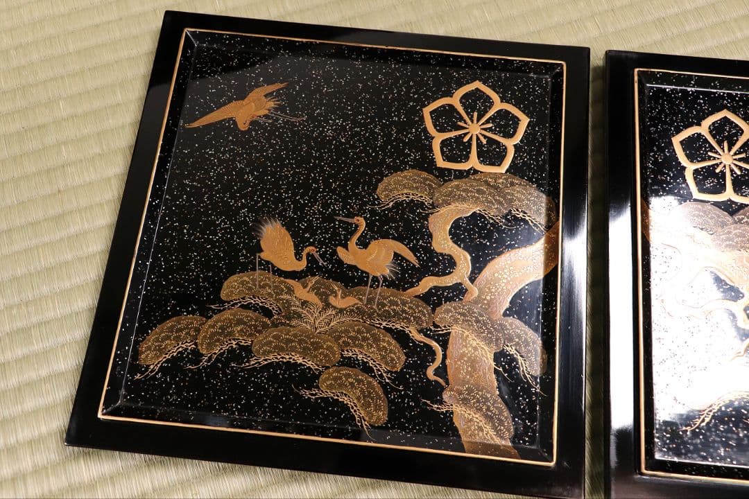 時代 牡丹唐草金蒔絵 黒塗 梨地 五段重 重台 桔梗紋 松鶴 共箱【MA120】